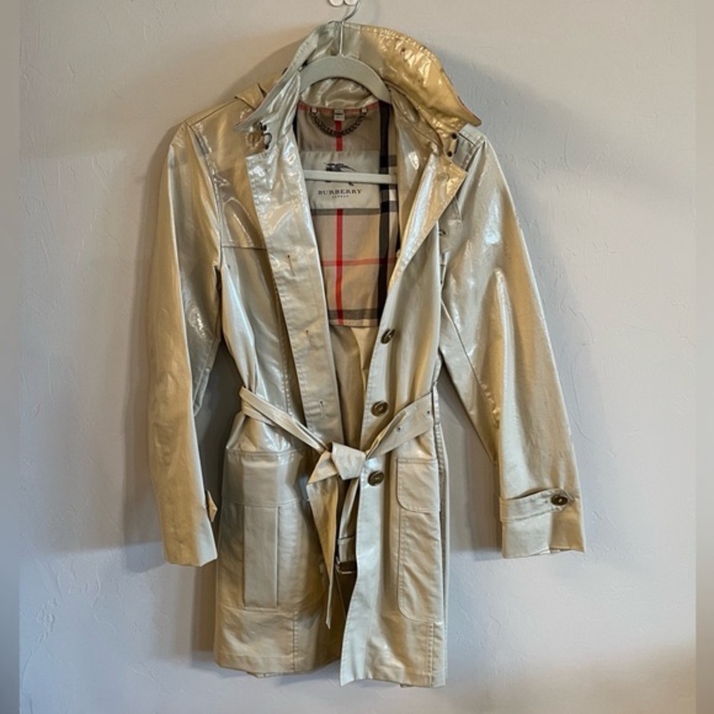 Burberry Cream Patent Trench Coat with Check Lining